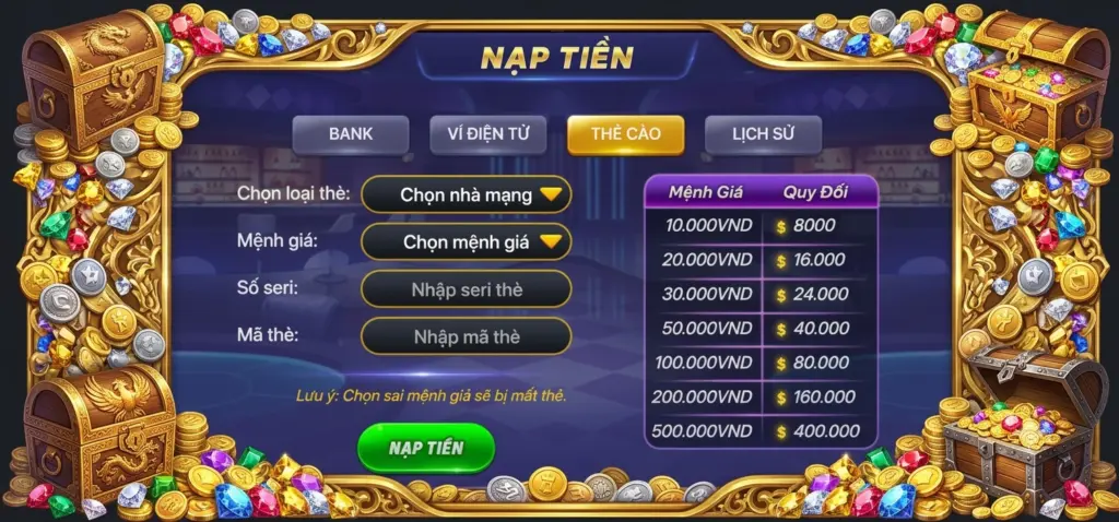 Nạp Tiền Qua Thẻ Cào Betvip