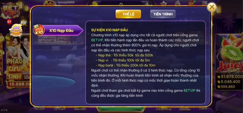 Thể Lệ X10 Nạp Đầu Betvip